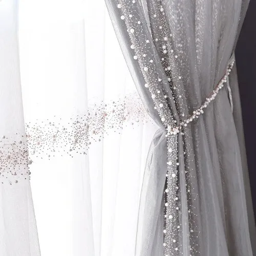 Pearl Embroidered Tulle Curtains for Light Luxury Beads Sheer Volie for Balcony