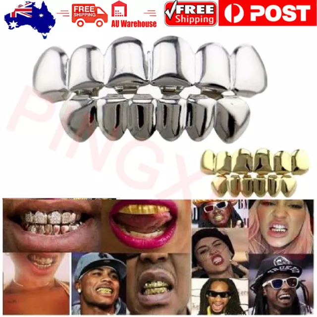 Fit Hip Hop Grills Fangs Top and Bottom Set Gold Silver Color Bling Teeth Grillz