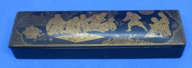 Chinese black lacquered vintage Victorian antique chinoiserie pencil pen box