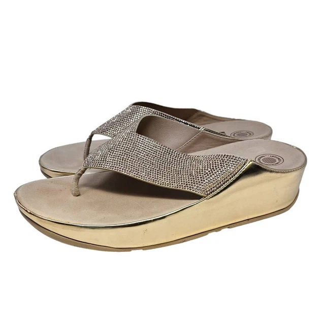 Fitflop Gloss Flatform Toe Post Sandal 8 Rhinestone Gold Comfort Flip Flop Thong