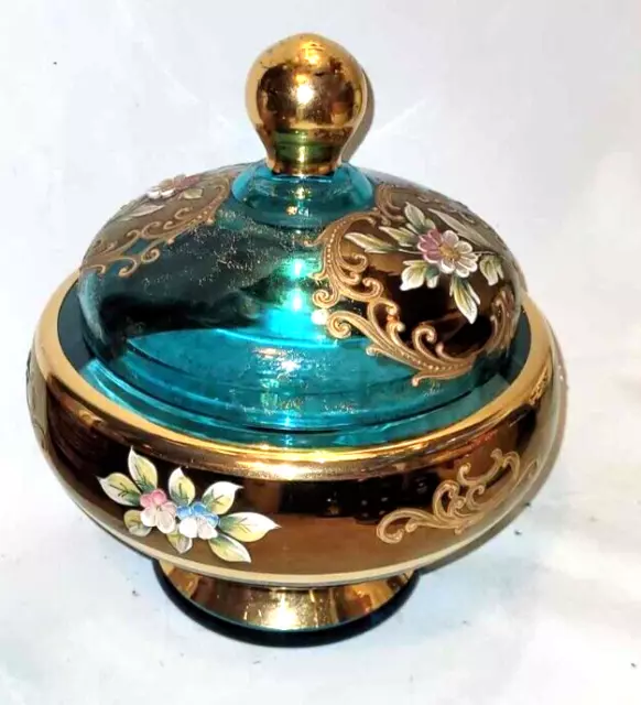 Bohemian turquoise Blue gold enameled floral Candy footed Bowl with Lid