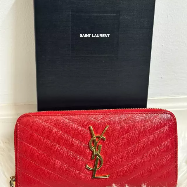 YSL Red Chevron Leather Monogram Zip Wallet with Box- Authentication Included