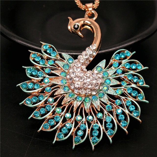 Betsey Johnson Rhinestone Blue Shining Peacock Crystal Pendant Chain Necklace 2