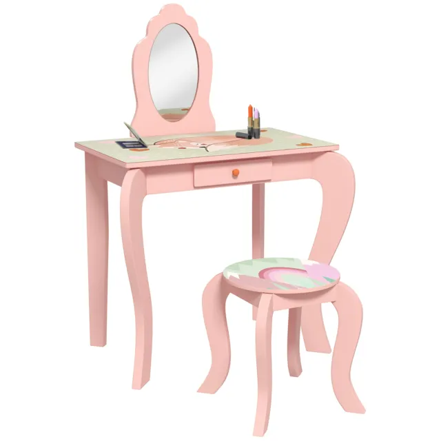 Vestidor para niños ZONEKIZ con cajón de taburete espejo, lindo diseño animal, rosa