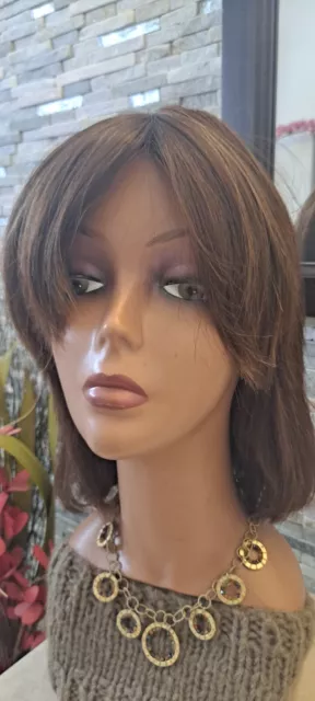 12" Brown Wig kosher Sheitel Human hair moveable part & bangs blonde highlights 12" Brown Wig kosher Sheitel Human hair moveable part & bangs blonde highlights