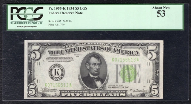 Fr. 1955-K 1934 $5 Lgs Light Green Seal Frn Dallas,Tx Pcgs About Uncirculated-53