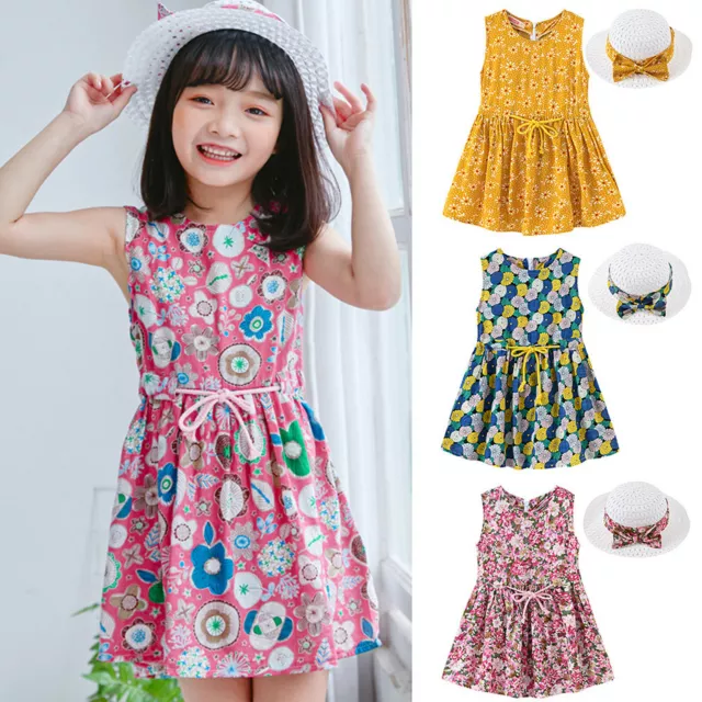 Toddler Baby Kids Girls Floral Beach Dress Princess Mini Dresses + Hat Outfits