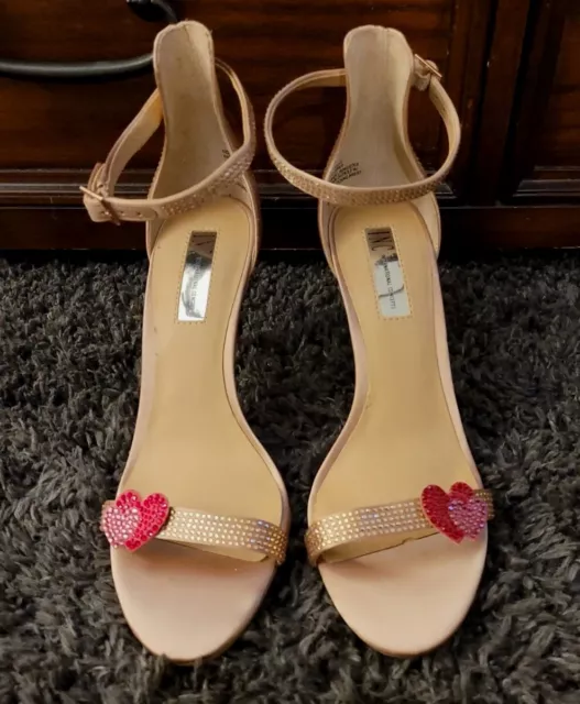 INC Rayelle Strappy Heels Beige Size 10M Pink Heart Rhinestones