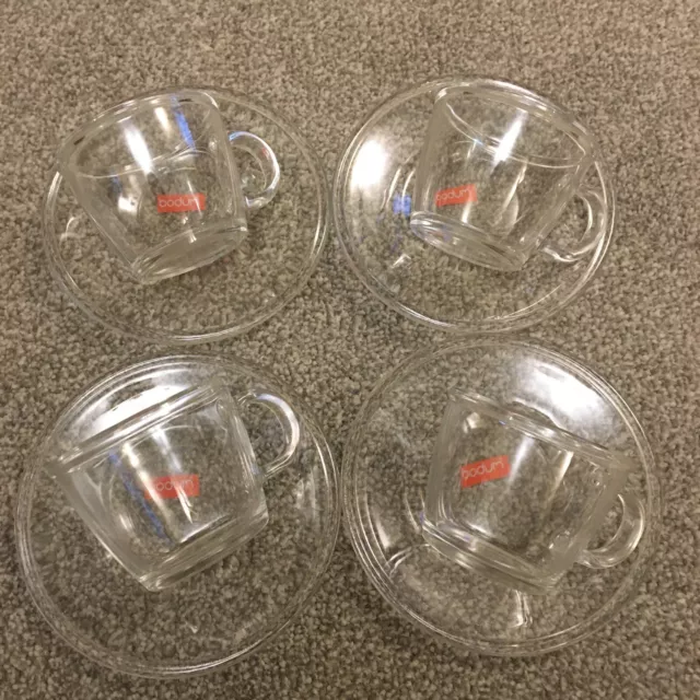 4 Bodum Bistro Clear Glass Small Cups & Saucers Espresso Coffee Set