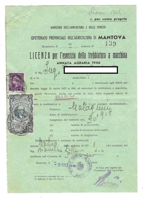 Mantova Agricoltura Licenza Trebbiatura Riso 1946 Con Marche Da Bollo #Aplot