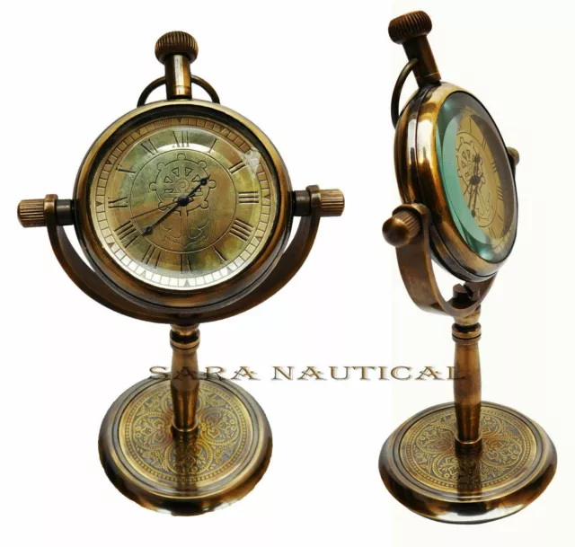 Vintage Wheel Anchor Maritime Antique Brass Desk Clock Nautical Pocket Watch