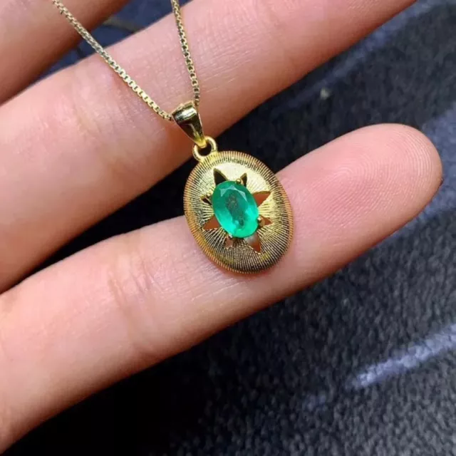 Natural Oval 4*6mm Emerald 925 Sterling Silver Gold Plated Pendant Necklace