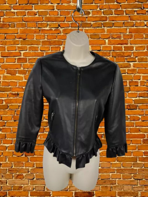 WOMENS ZARA UK Medium Black Faux Leather Zip Up Peplum Frill Lined