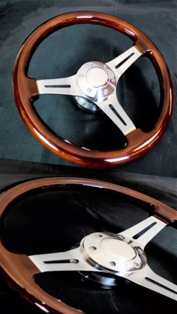 14 Inch Chrome Polished Steering Wheel Dark Wood 3-Spoke