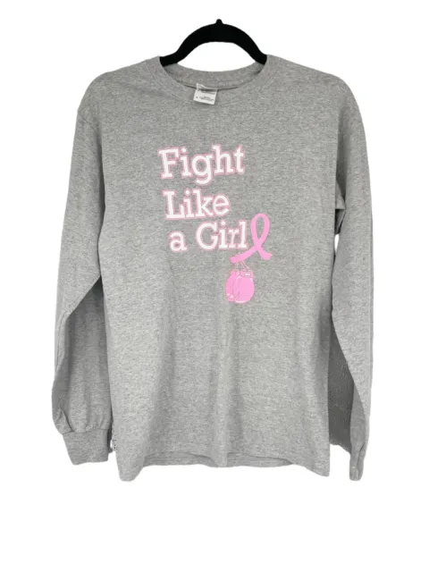 Gildan Fight Like a Girl Breast Cancer Long Sleeve Gray Shirt Unisex Small