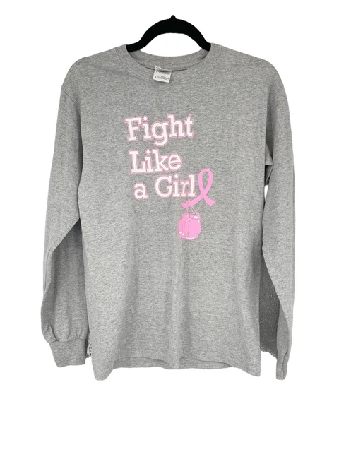 Gildan Fight Like a Girl Breast Cancer Long Sleeve Gray Shirt Unisex Small Gildan Fight Like a Girl Breast Cancer Long Sleeve Gray Shirt Unisex Small
