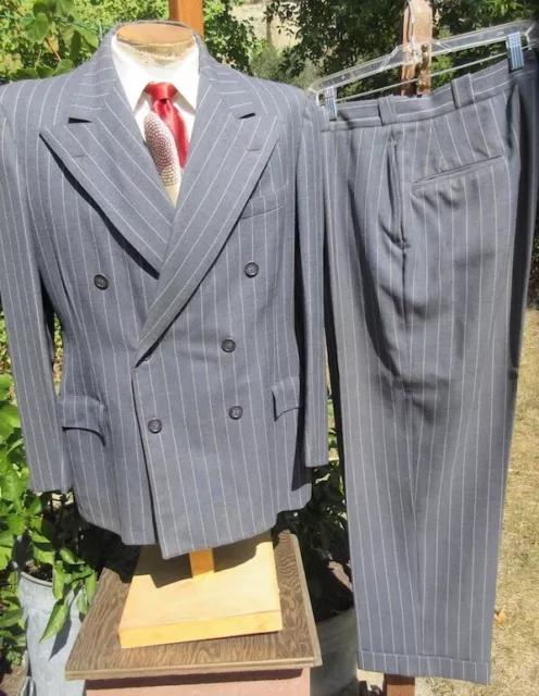Authentic Vintage 1940s Double Breasted Pinstripe Suit 44R 34x29 -Sweet GANGSTER