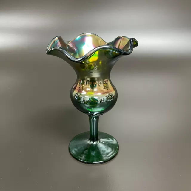 Dugan Glass Green Multicolor Compote Vase Ruffle Tulip 6 3/8" High