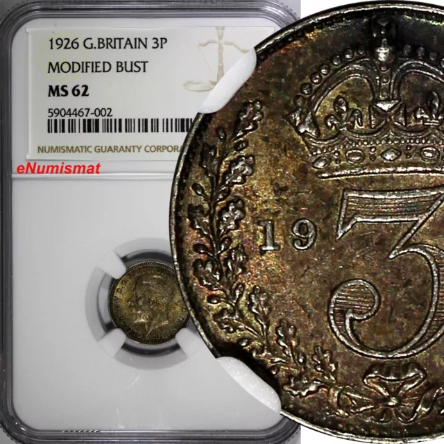 Great Britain George V Silver 1926 3 Pence NGC MS62 MODIFIED BUST KM# 827 (002)