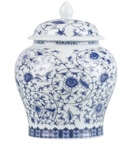 Chinese Ginger Jar with Lid Chinoiserie Antique Style,Home Decorative Retro Blue