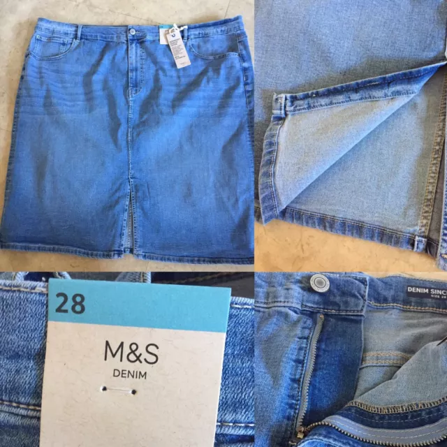 BNWT M&S Light Indigo Blue STRAIGHT Skirt Sz 28 L27” POCKETS Front Split CASUAL