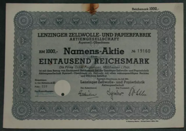 Lenzinger Zellwolle- und Papierfabrik Aktiengesellschaft 1941 1000 RM