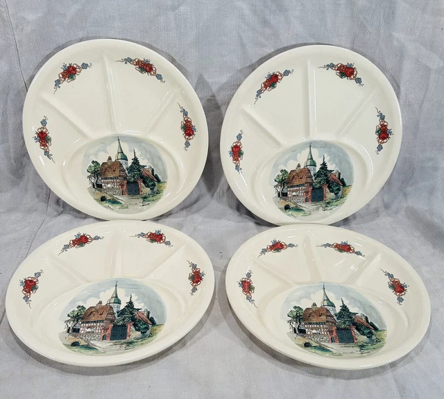 Lot de 4 assiettes à fondue Obernai - Faïence Sarreguemines Signé H. loux