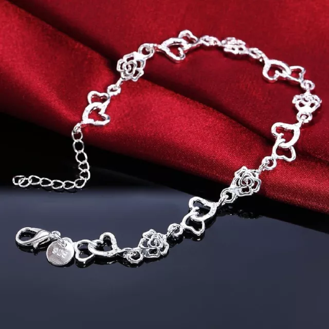 Unico & Elegante 925 Argento Sterling Cuore & Fiore Rosa Stile 9 " Bracciale