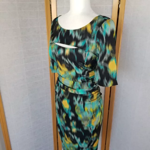 Tracy Reese Silk Dress Size 4 Water Color Midi Elbow Sleeves Lined Cut Out 3