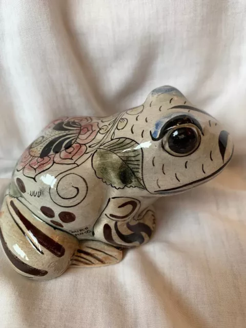 Vintage hellgrau Tonala Tumi Mexiko Volkskunst Kröte Frosch handbemalt signiert