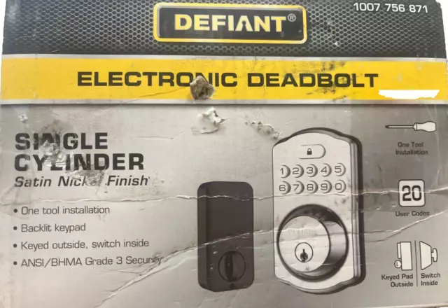 DEFIANT Single Cylinder Electronic Deadbolt Lock Satin Nickel 1007 756 871 NEW