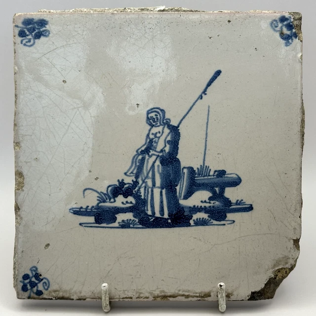 Antique 18th Century Dutch Delft Blue and White Tile Woman with 2 Cats