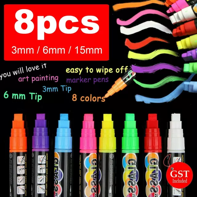 8pcs 3/6/15mm Liquid Chalk Marker Pens LED Writing Board Glass Art Pen Window AU