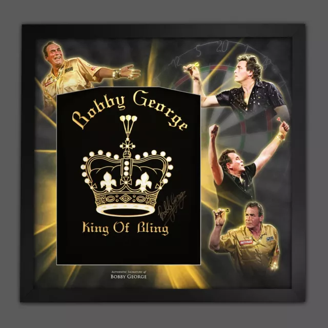 Bobby George King Of The Bling signiertes Darts-Shirt gerahmt Bild Halterung Display