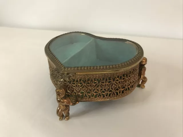 Vintage Heart Shaped Jewelry Music Box Cherubs Gold Ormolu Filigree Ornate Works