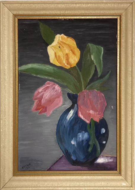 Pintura Al Óleo Impresionista 1936 Bodegón Tulipanes Firmado Marco Mid Century