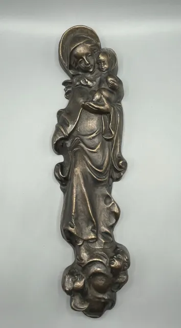 Große Alte Schwere Bronze Wand Figur Madonna mit Kind 2550 Gramm Mutter Gottes