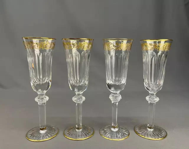 4 Christofle Crystal Marly Gold Inlay 8 1/4" Champagne Flutes Stemware Signed
