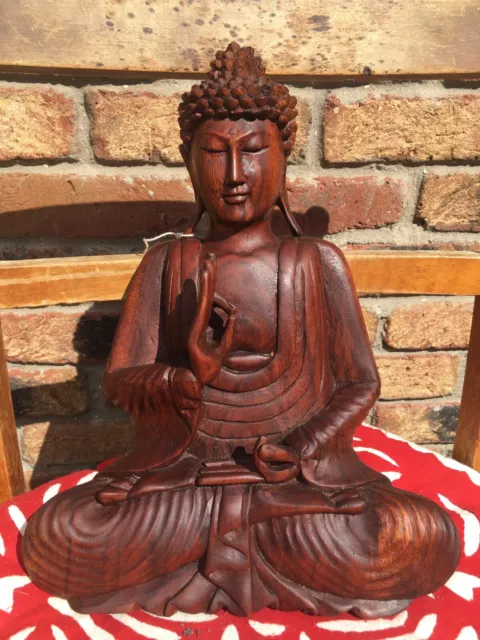 MEDITATING WOODEN BUDDHA STATUE Figure Ornament PRAYING HAND CARVED 30cm 4