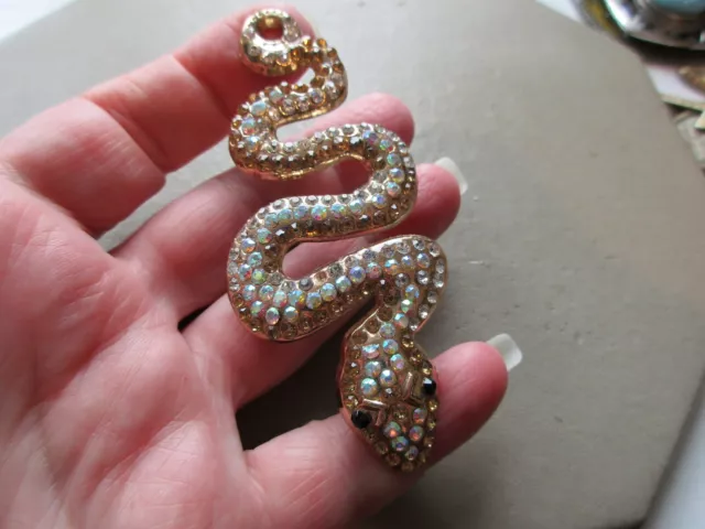 Large Huge Vintage Gold Tone Crystal Rhinestone Snake Retro Pendant Necklace Old