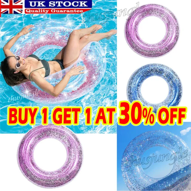 60-90cm Large Inflatable Glitter Swim Ring Pool Lounge Water Fun Toy Raft Float
