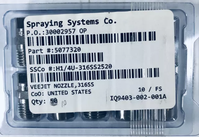 Spraying Systems Co. Veejet Nozzle 316SS Box of 10