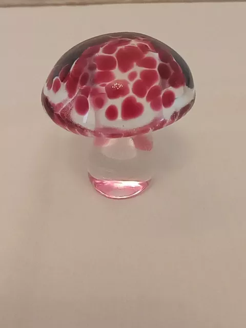 Ruby Red Speckled/Clear Glass Mushroom Paperweight/Ornament