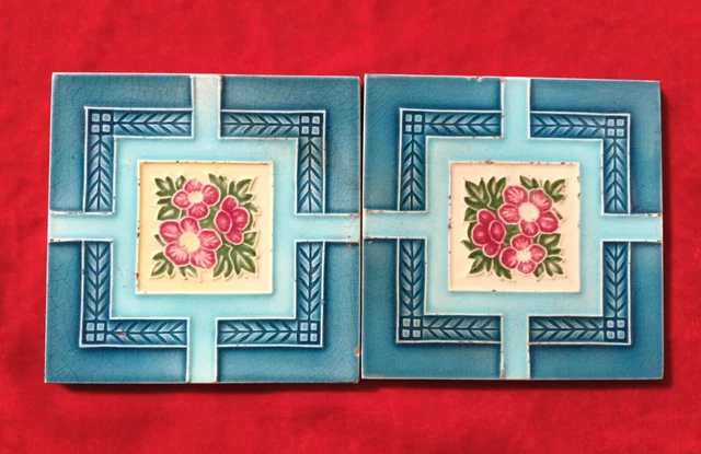 2 Piece Art Deco Flower Design Embossed Majolica Used Ceramic Tiles Japan 0309