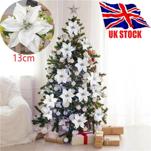 10X Christmas Large Poinsettia Glitter Flower 13Cm Xmas Tree Hanging Decor Party