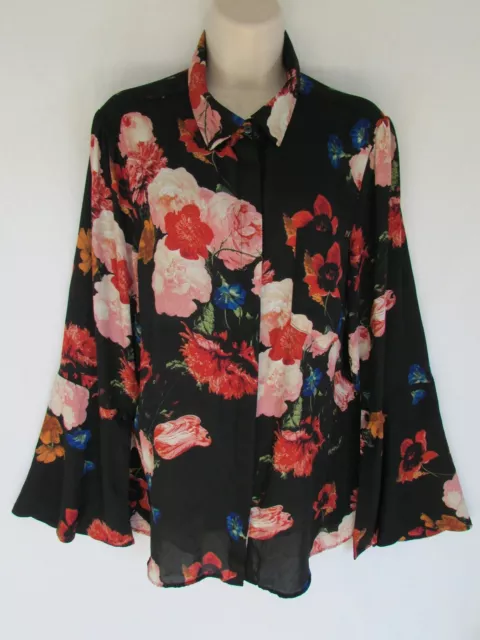 WORTHINGTON WOMANS XL black floral button long sleeve COLLAR BLOUSE