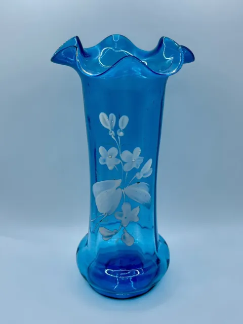 Antique Blue French Art Glass Vase Hand Painted Enamel Flowers Ruffled Rim c1880