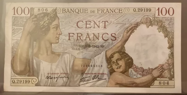 France 100 Cent Francs Banknote 1939 - 1942