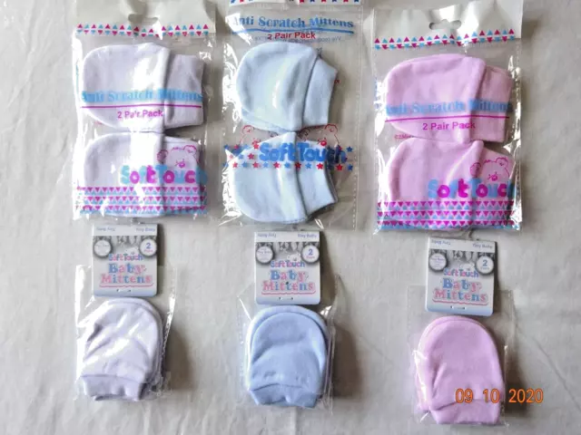 2 Pairs of Tiny Baby Scratch Mittens Mitts New-born Premature Pink Blue White