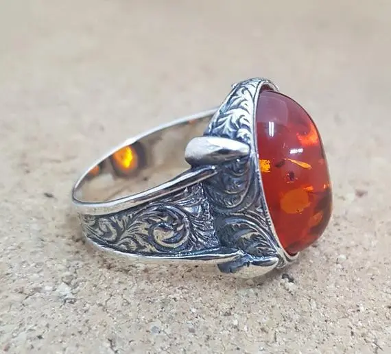 Solid 925 Sterling Silver Natural Baltic Amber Oval Gemstone Bohemian Men's Ring